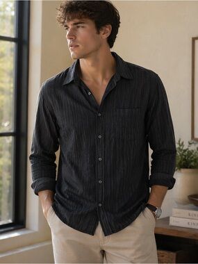 Cactus Modern Basics Black Striped Button Down Shirt 100% Cotton | Men’s L